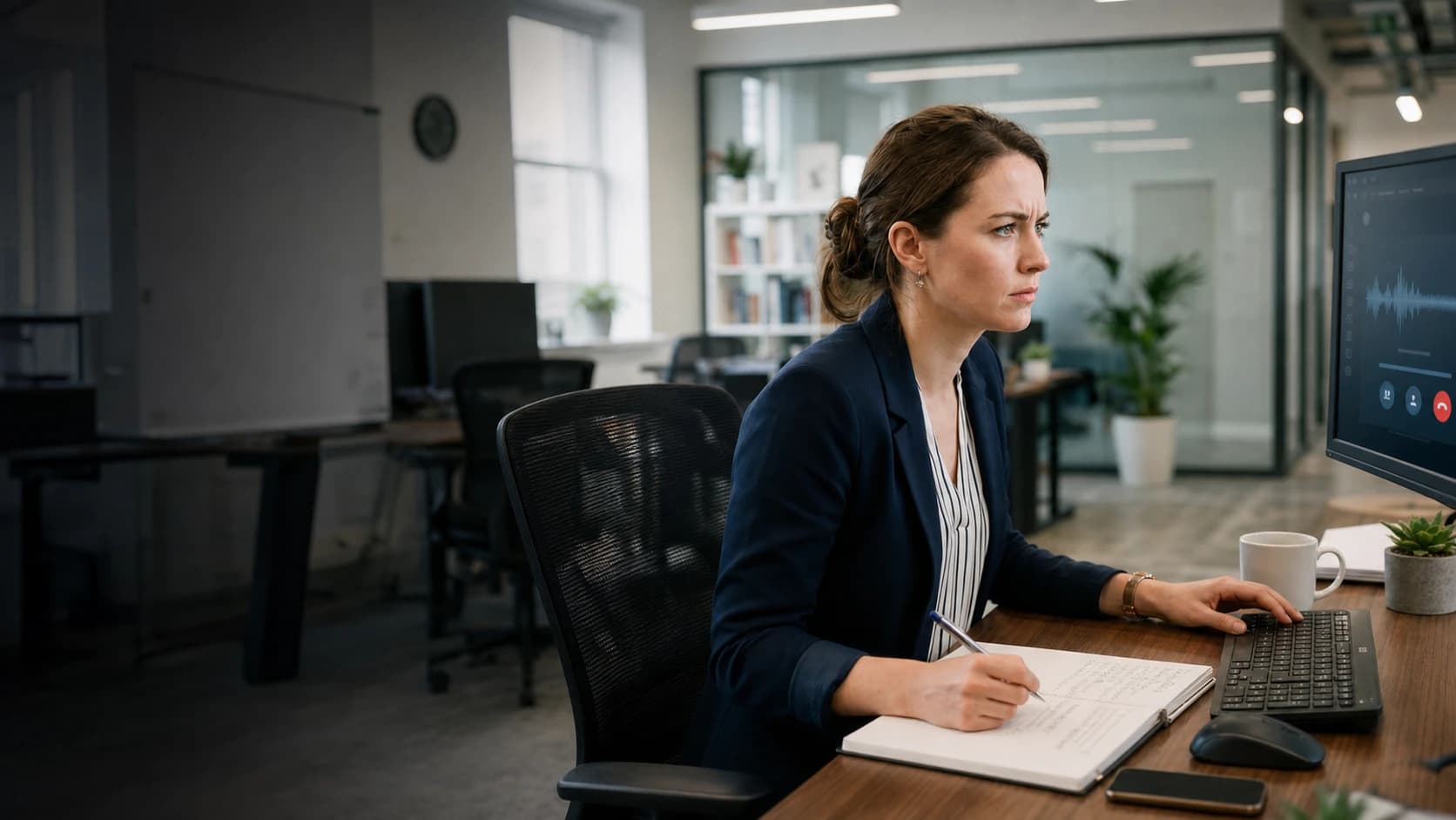 A service professional reviewing a live voice-call workflow on the edge of her monitor