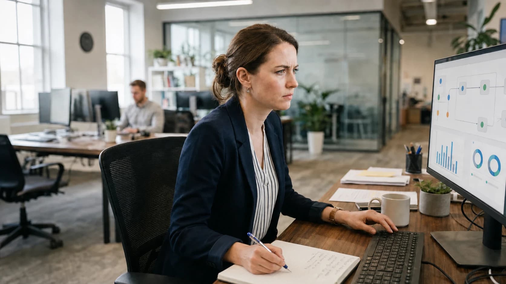 An operations professional reviewing a visual business workflow on her monitor