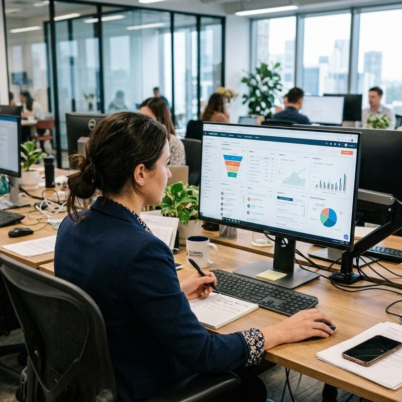 A team member reviewing a CRM workflow and lead pipeline