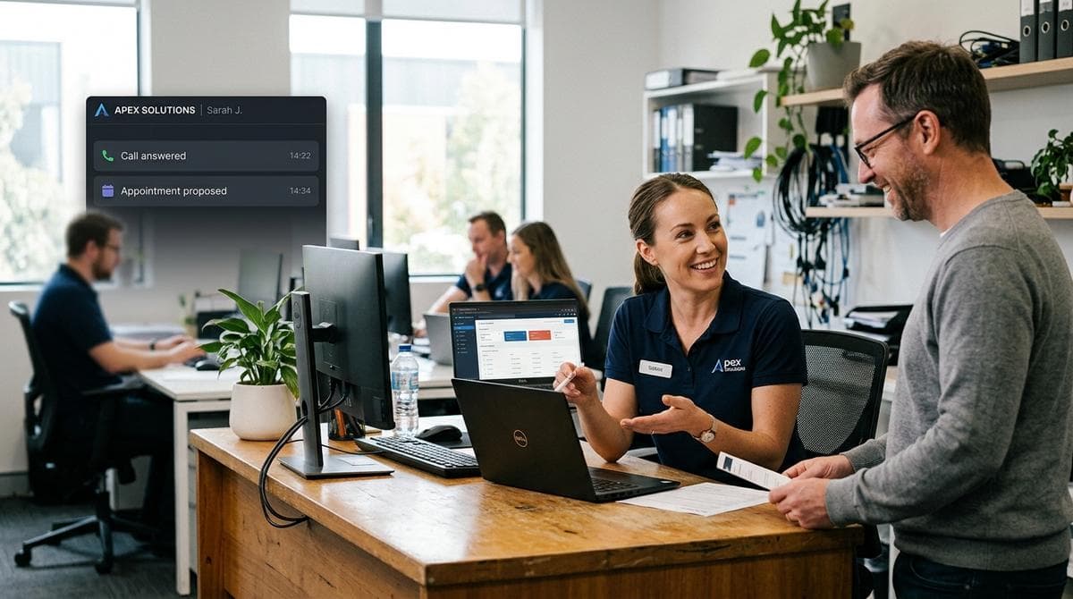 A receptionist coordinating a visitor and an appointment at the front desk