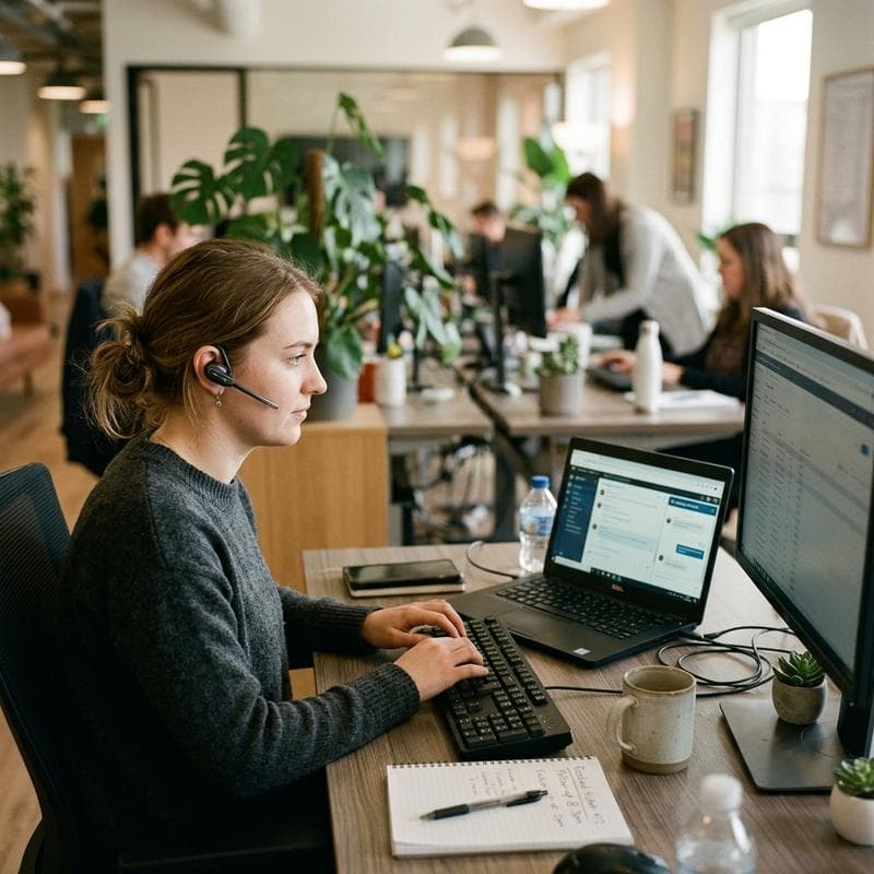 A customer-support specialist working at a desk with a headset