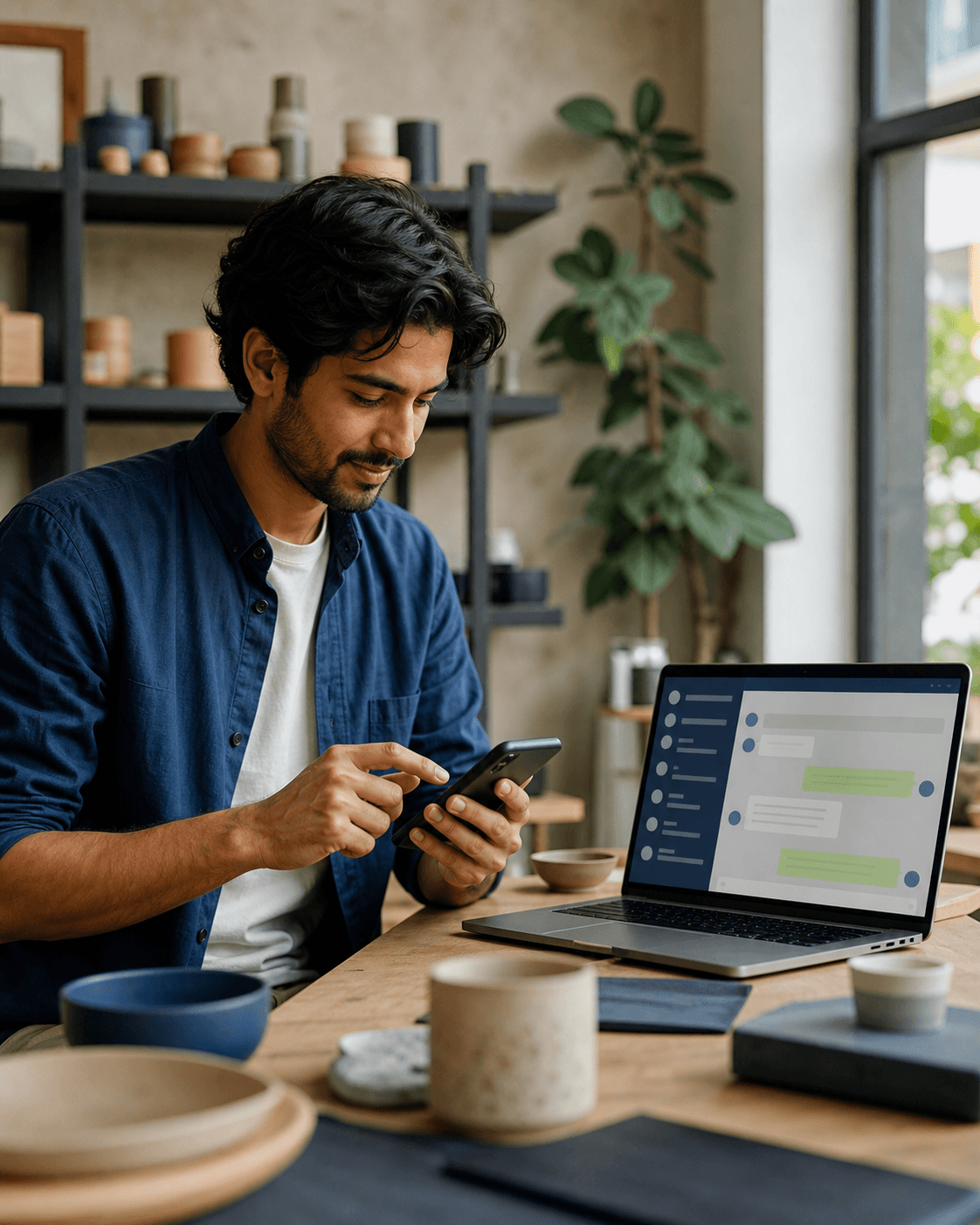 A small-business owner managing customer messages from a phone and laptop